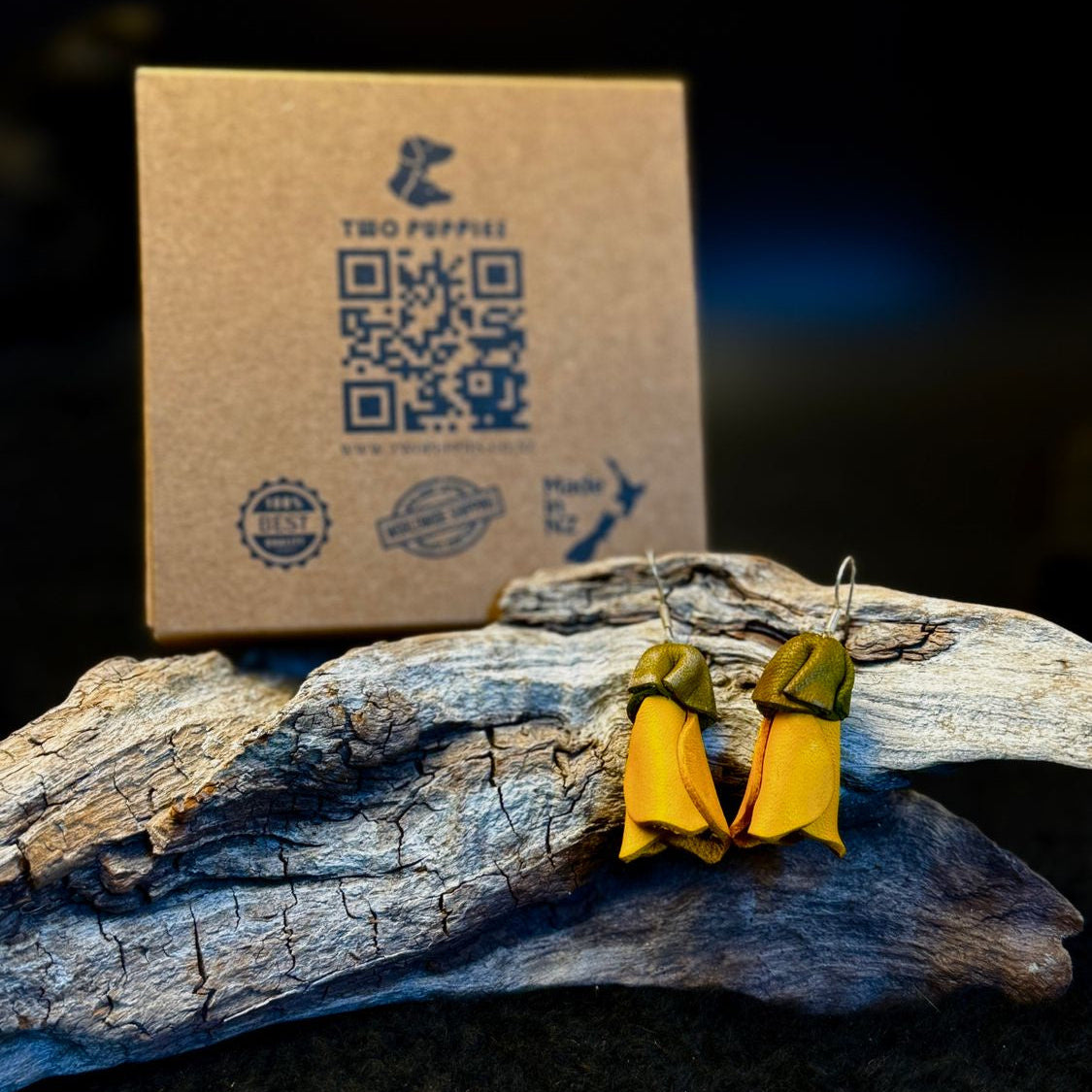 Golden Kōwhai Flowers Leather Drop Earrings