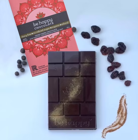 vegan dark chocolate with Jamaican pimento, cranberry & orange zest