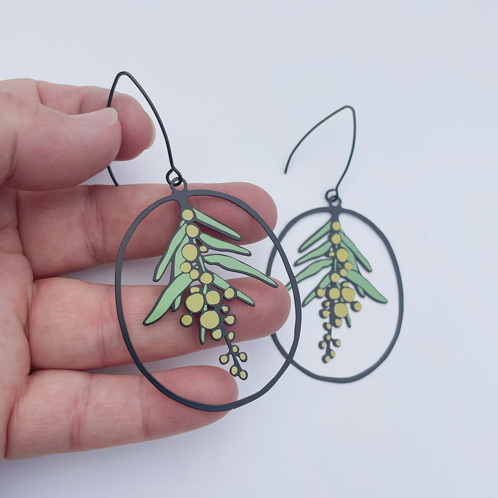 Wattle Flower earrings in Black/Yellow/Green