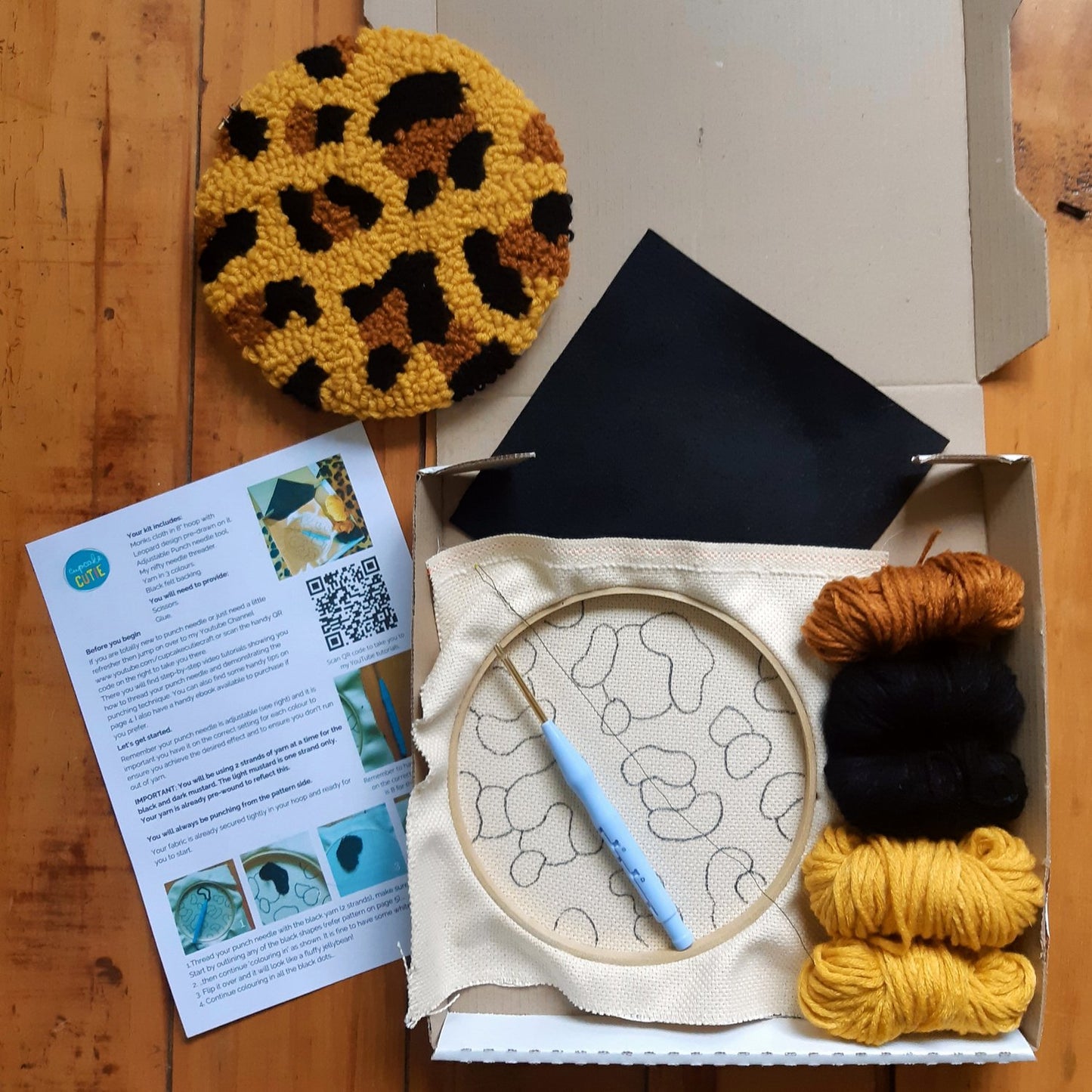 Leopard print punch needle kit. Beginners kit with tool, yarn + instructions