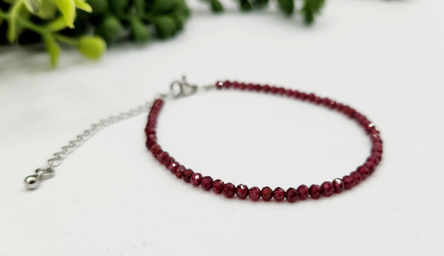 Garnet Bracelet Faceted 3MM w/Silver Color Clasp