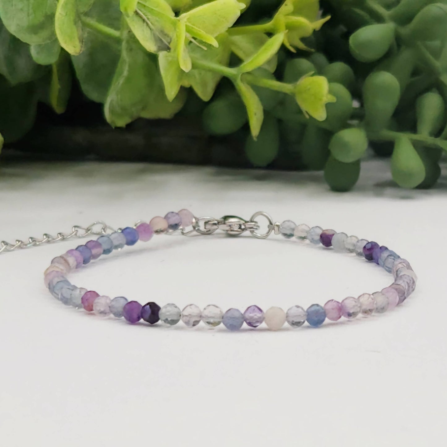 Rainbow Fluorite Bracelet Faceted 3MM w/Silver Color Clasp
