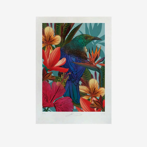 Flox Print | Perched Tūī & Hibiscus