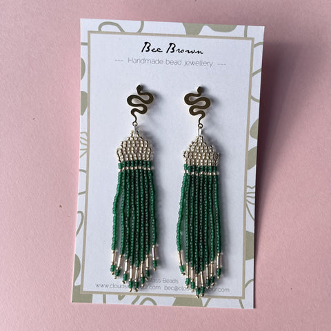 SNAKE Bead Earrings • Muted Gold + Forest Green