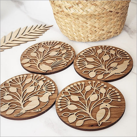 Coasters Set Bamboo+ Rimu: Pohutukawa + Birds Coasters