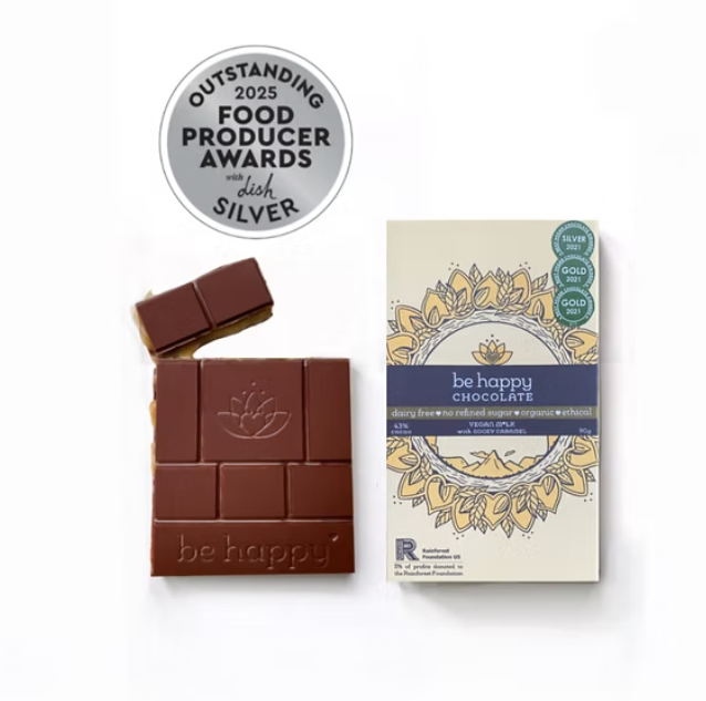 Be Happy | award winning vegan m*lk chocolate with gooey caramel
