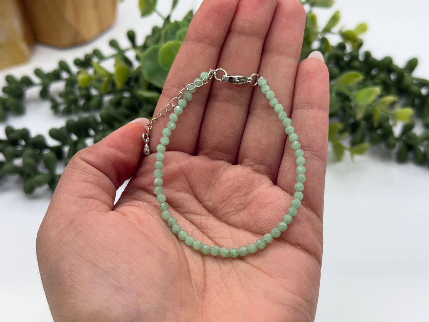 Green Angelite Bracelet Faceted 3MM w/Silver Color Clasp