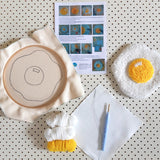 Fried egg punch needle kit. DIY food tufted wall art. Full kit with tools, yarn + instructions