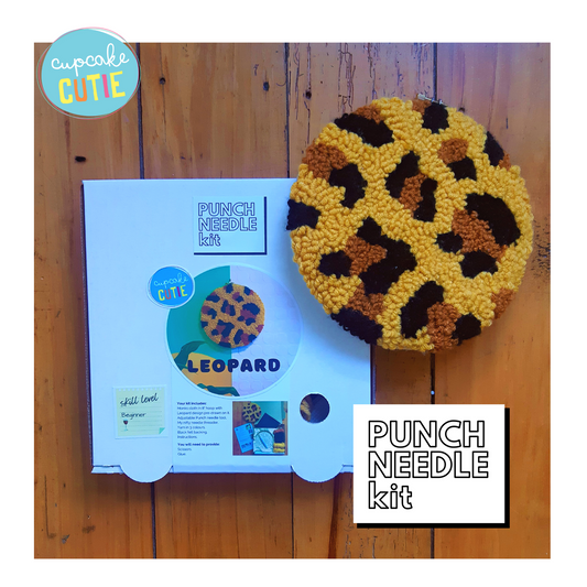 Leopard print punch needle kit. Beginners kit with tool, yarn + instructions